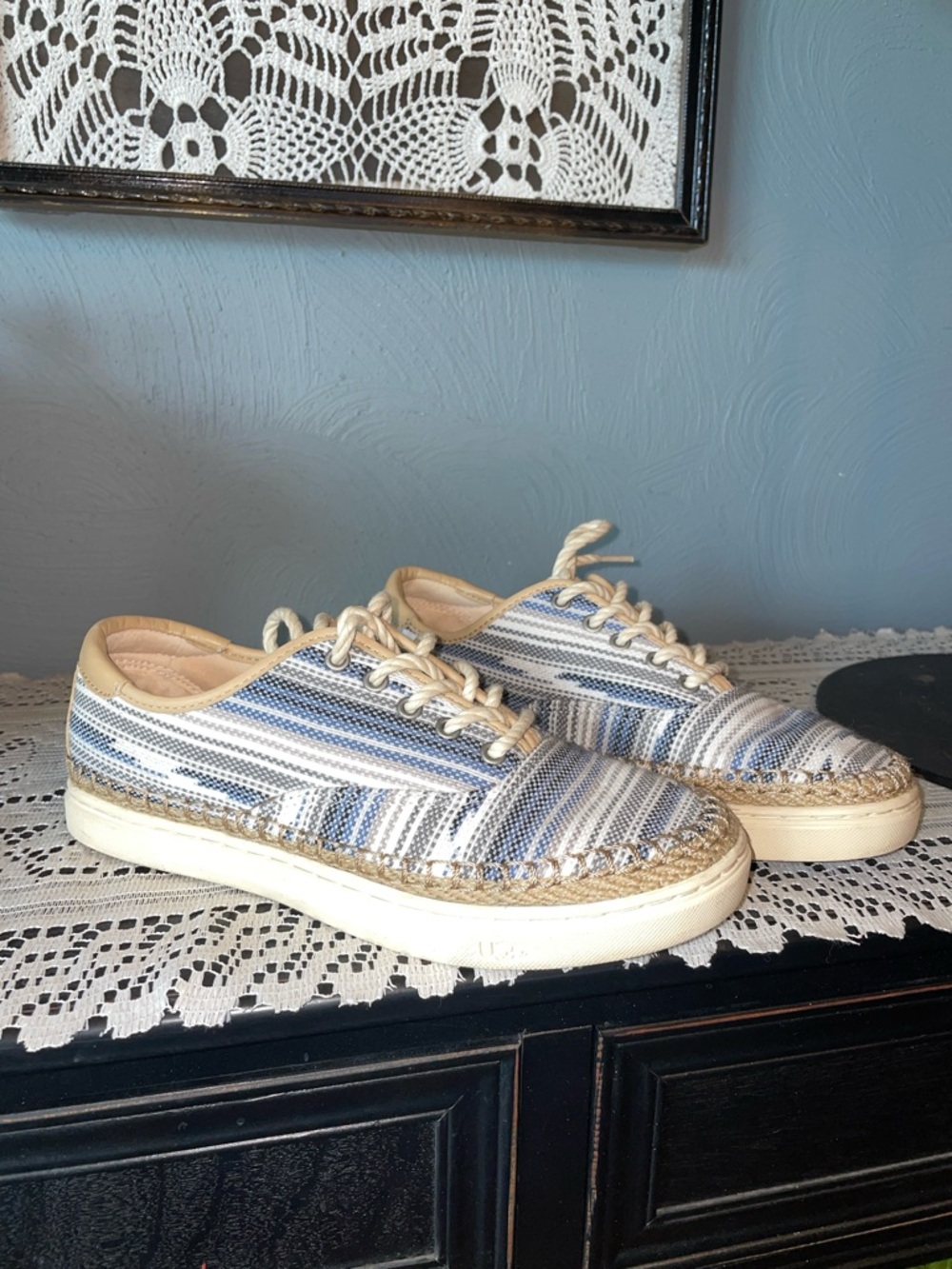 UGG Women's Blue and White Striped Canvas Lace-Up Sneakers